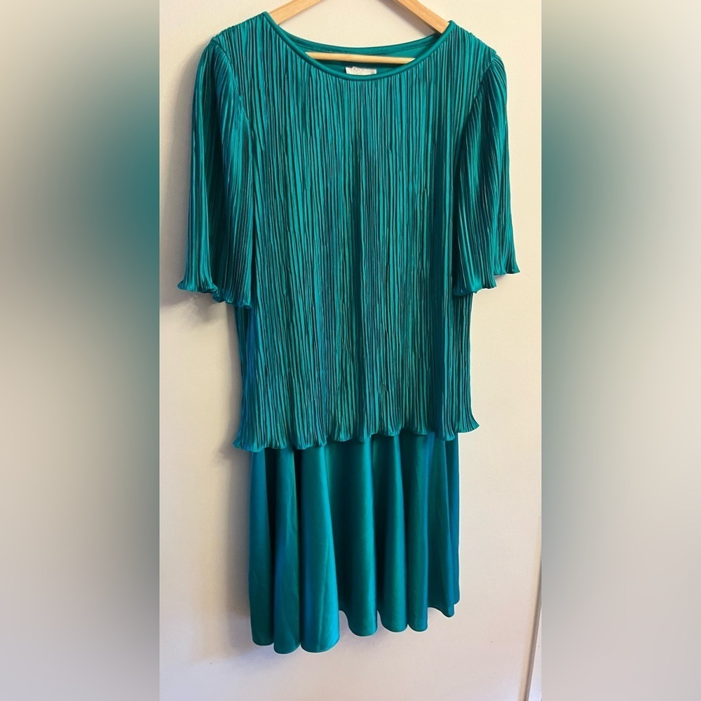 Vintage Satin Micro Pleat Midi Dress Wedding Guest 80s Jewel Tone Teal